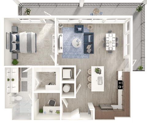 Floor plan for 1 bed, 1 bath, 892 sqft